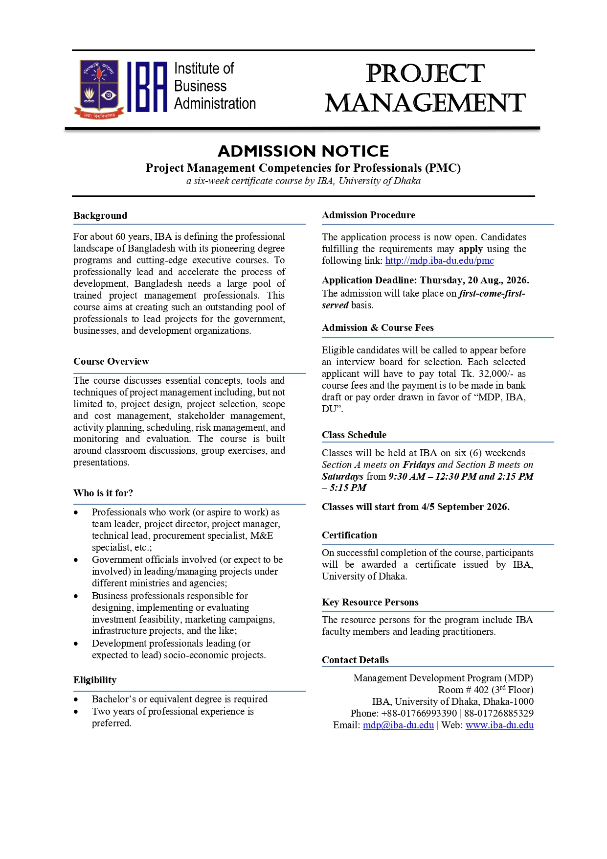 Project Management Competencies for Professionals (PMC) Notice